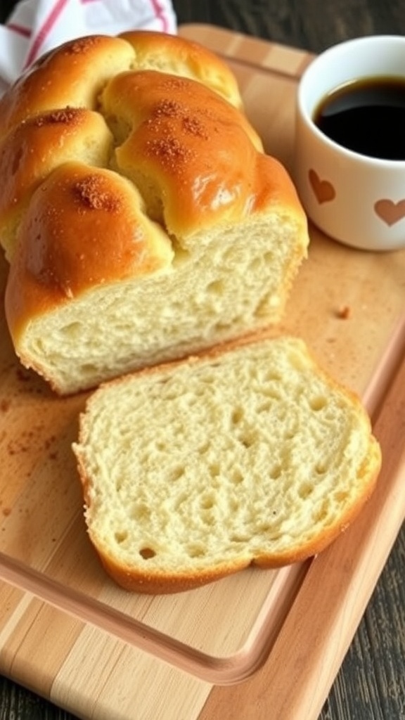 A loaf of donut bread sliced on a wooden board, with a cup of coffee beside it.
